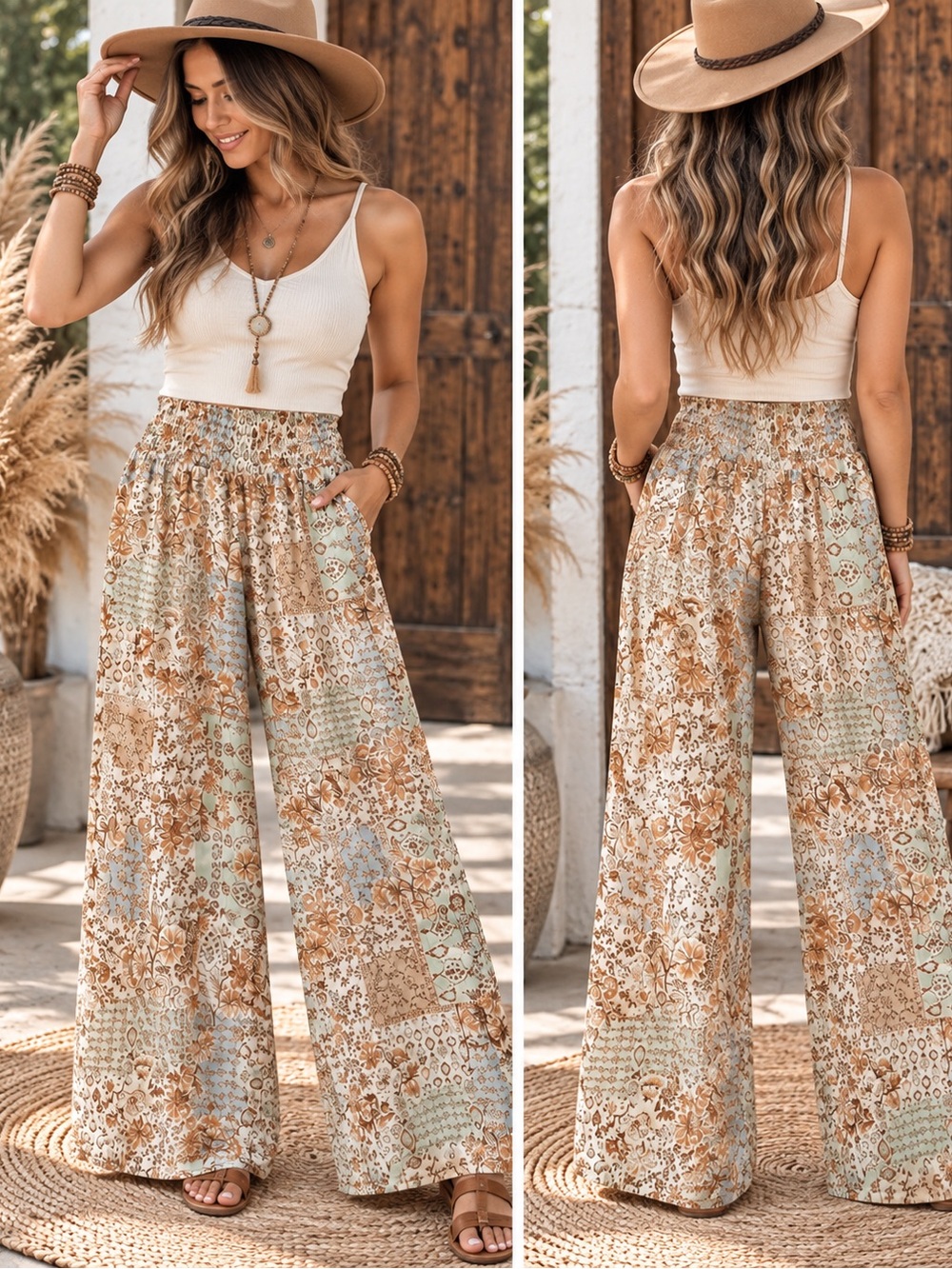 Pink Rose Beige Floral Patchwork Wide-Leg Pants